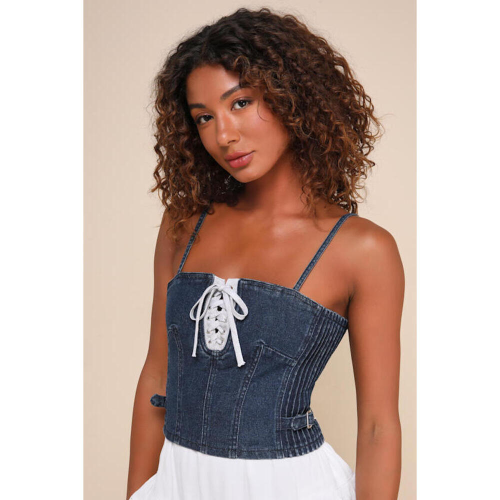 Lulus Edgy Tendency Dark Wash Denim Lace-up Cropped Cami Top Blue - Size L